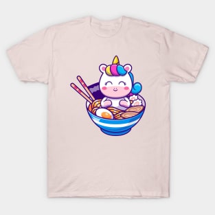 Cute Unicorn In Ramen Bowl Cartoon T-Shirt